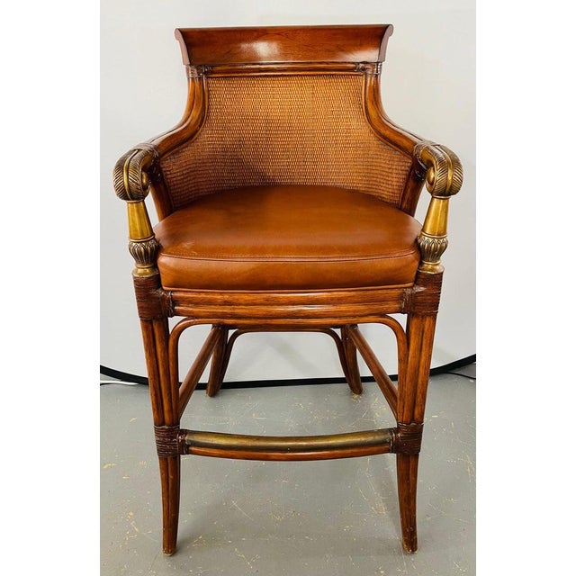 Ethan Allen Faux Bamboo Rattan and Leather Seat Bar Stools, a Pair