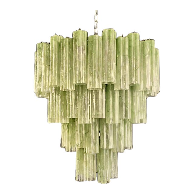 Monumental Murano Glass Chandelier, 80 Green Alabaster Tubes, 4-Tier Italian Luxury Lighting For Sale