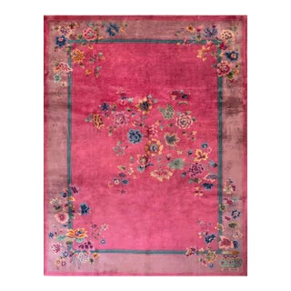 1920s Pink Floral Antique Chinese Art Deco Rug 9' X 11'6" Handknotted Wool Carpet For Sale
