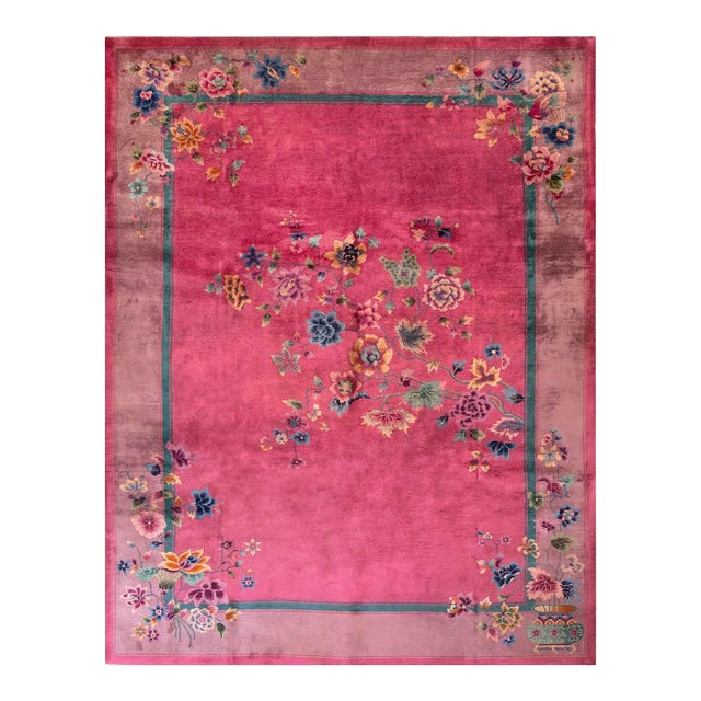 1920s Pink Floral Antique Chinese Art Deco Rug 9' X 11'6" Handknotted Wool Carpet For Sale