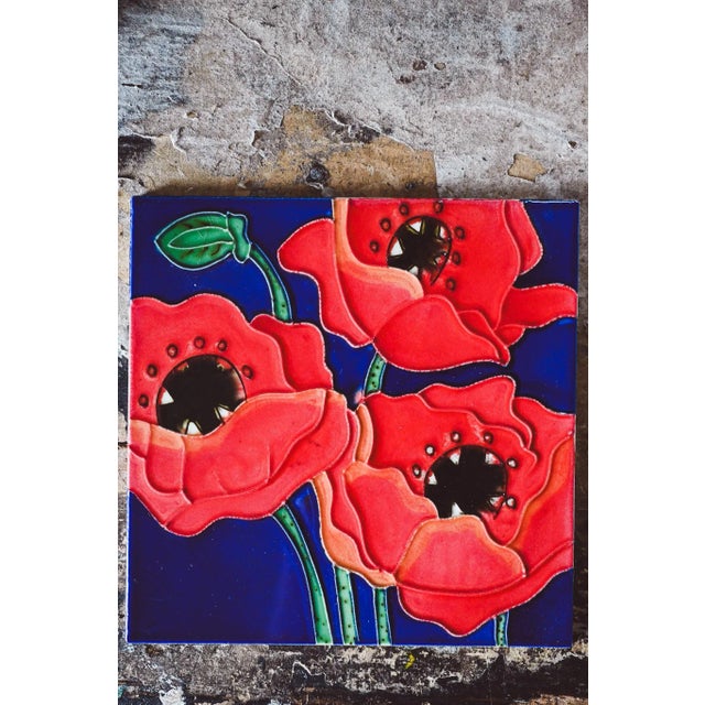 1950s Vintage Poppy Tile - Rustic Floral Wall Decor, 1950s For Sale - Image 5 of 5