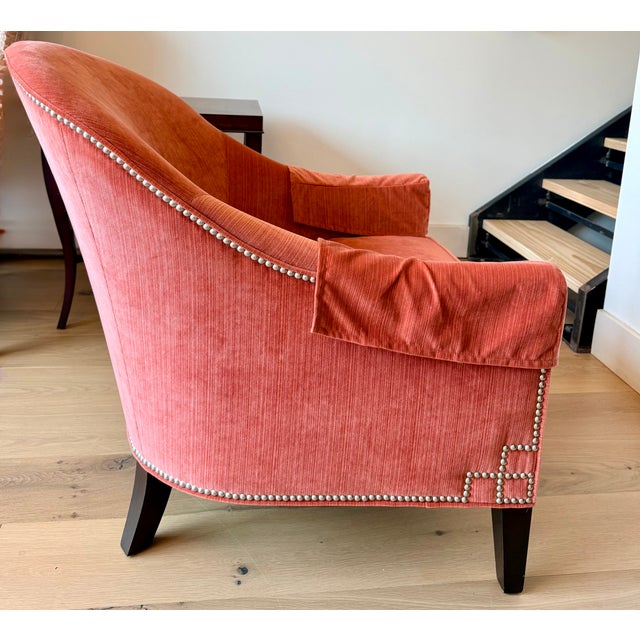 2010s Custom Ethan Allen Coral Velvet Barrel Lounge Chair With Nailhead Trim For Sale - Image 5 of 10