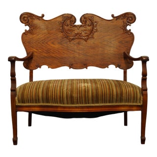 Vintage Antique Country French Provincial Bench / Settee W. Velvet Upholstered Seat For Sale