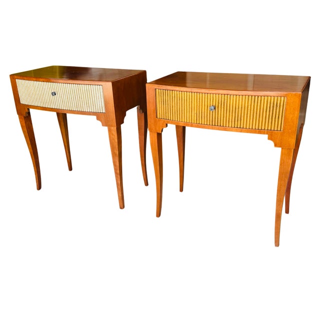 Baker Furniture Company Vintage Baker Furniture French Regency Side Tables, Pair | Mid-Century Cherry Demilune Nightstands With Gilt Reeded Drawers For Sale - Image 4 of 15