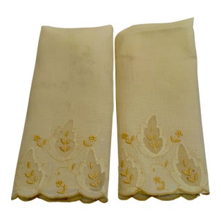 Pair Vintage Embroidered Pale Yellow Madeira Linen & Organza Fingertip Towels For Sale