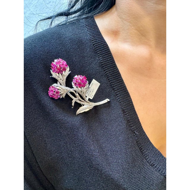 Vintage 14 Kt White Gold Diamond & 18 Ct Pink Sapp Floral Bouquet Broach 30.4 GM For Sale - Image 14 of 18