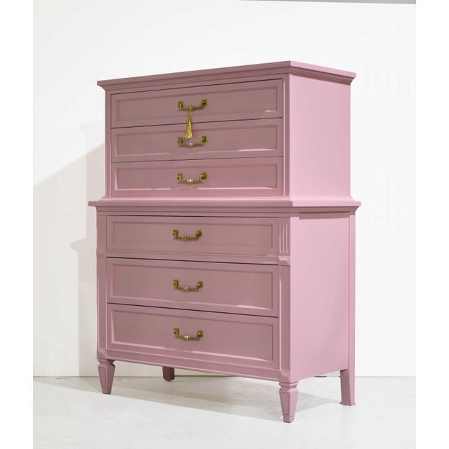 Small footprint, big personality. This Mid Century Transitional Highboy Dresser by Dixie Furniture is freshly painted in...