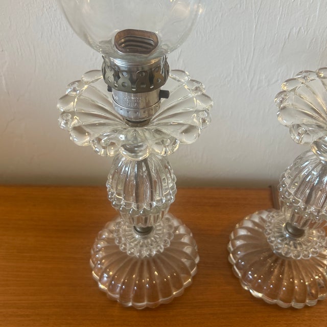 Glass Mid 20th Century Art Deco Pressed Glass Vanity Bedside Table Lamps - Set of 2 For Sale - Image 7 of 10