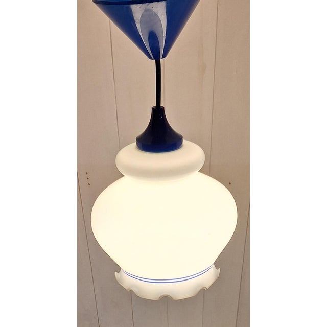 Vintage Pendant Lamp with White and Blue Glass Shade, 1990s For Sale - Image 3 of 7