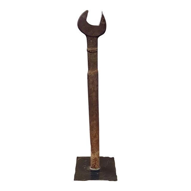 1930s Large Decorative Industrial Mounted Cast Iron Wrench For Sale