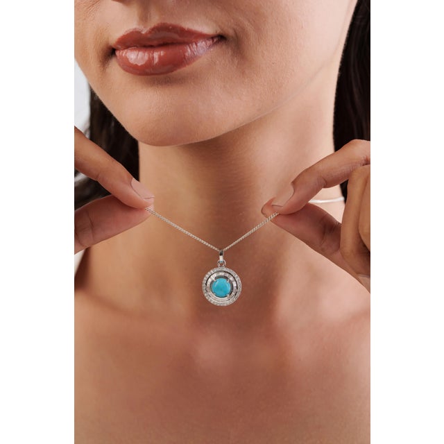 Not Yet Made - Made To Order Certified 14k White Gold 1.46ct Round Turquoise & Baguette Diamond Halo Pendant For Sale - Image 5 of 16
