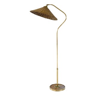 Art Deco Sculptural Brass and Rattan Floor Lamp, Sweden, 1940s For Sale