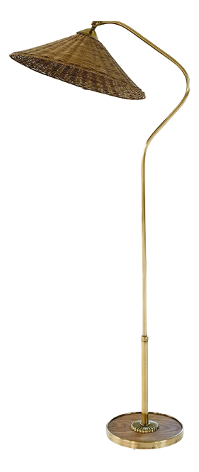 Art Deco Sculptural Brass and Rattan Floor Lamp, Sweden, 1940s