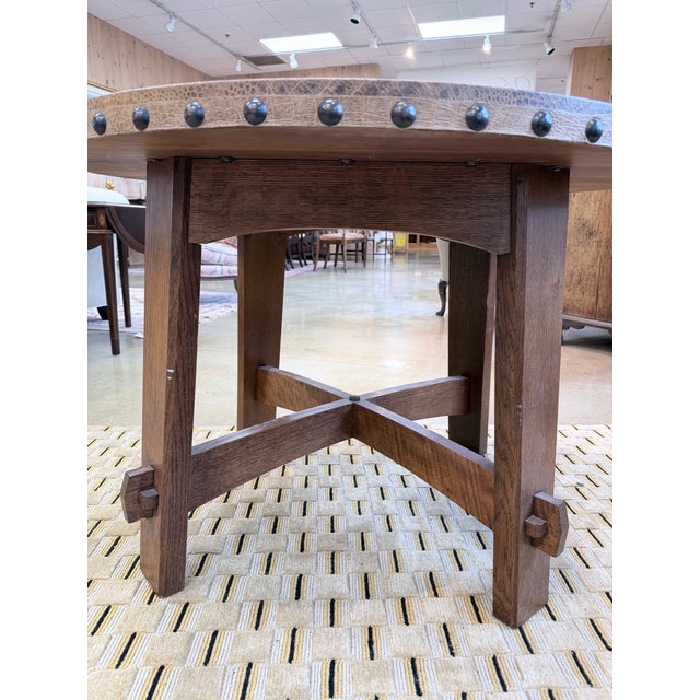 Late 20th Century Stickley Mission Oak Leather Top Round Table For Sale In New York - Image 6 of 10