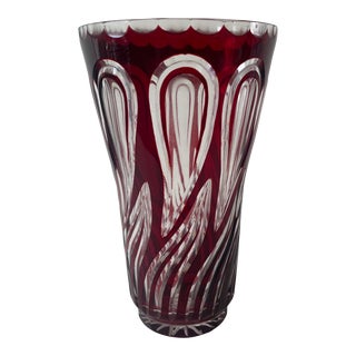 Mid Century Ruby Red Cut Crystal Vase For Sale