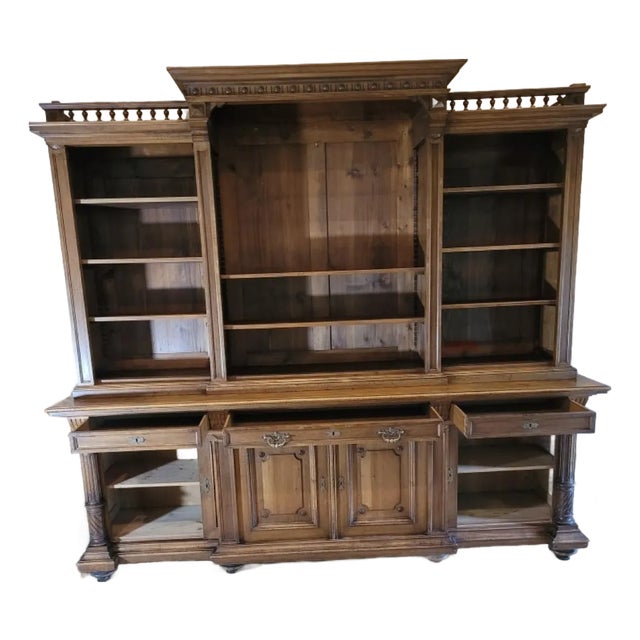 Large Antique European Breakfront Bookcase Cabinet For Sale