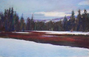 Red River by Ernie Gallegos | Pastel Landscape of a river surrounded by trees and snow.