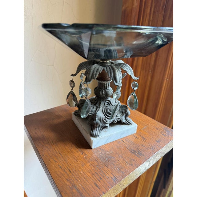 1950s Hollywood Regency Pedestal Centerpiece Bowl, Smoky Glass Ashtray With Marble Base For Sale - Image 9 of 15