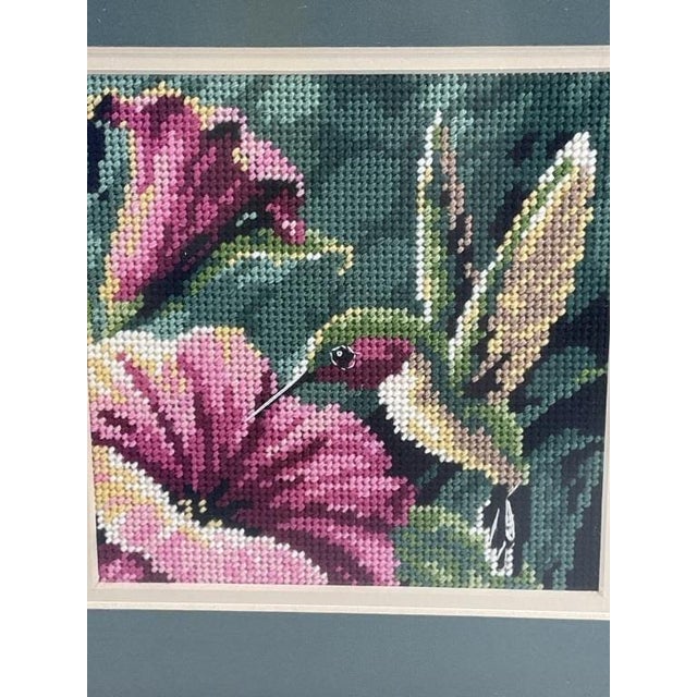 Vintage Framed Hummingbird Needlepoint Art | Botanical Bird Textile Wall Decor For Sale - Image 4 of 4
