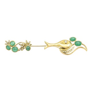 1970s Fish Jabot Pin Gold Brooch With Emeralds and Diamonds For Sale