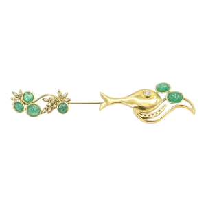 1970s Fish Jabot Pin Gold Brooch With Emeralds and Diamonds