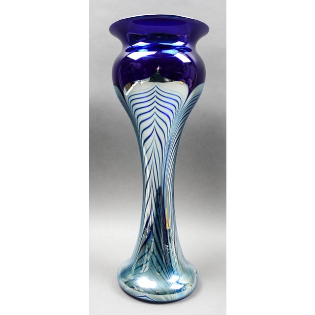 Glass Correia Signed Vintage 1979 Large Cobalt Blue Pulled Feather Art Glass Vase For Sale - Image 7 of 7