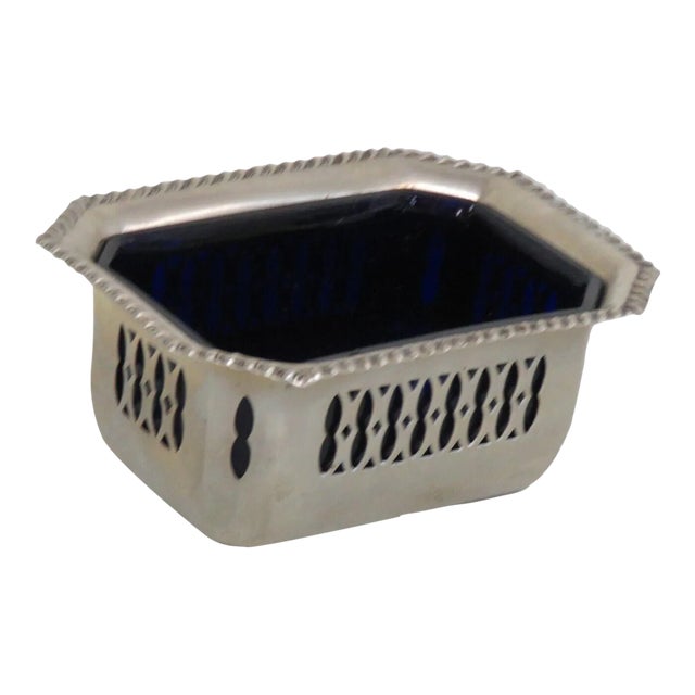 Cobalt Blue Glass Epns Silver Salt Cellar Small Dish Made in England For Sale
