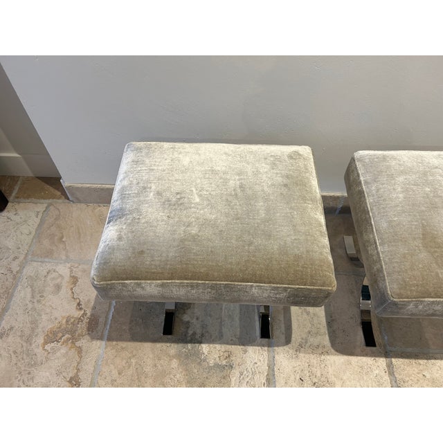 1970s Pair of Accent Stools, Ottomans in Chromed Steel & Velvet For Sale - Image 14 of 14