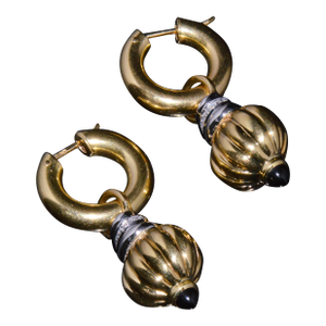 Vintage Italian Nuvola Oro Diamond Onyx 750 18k Gold 2-in-1 Hoop Dangle Earrings - 4 Pieces