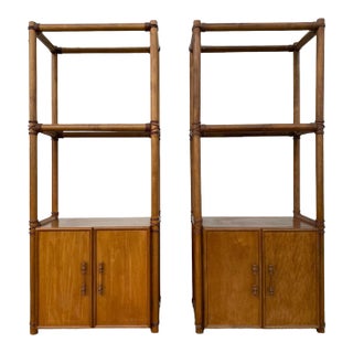 Bamboo Etagere Bookcase Cabinets with Smoked Glass Shelves - A Pair For Sale