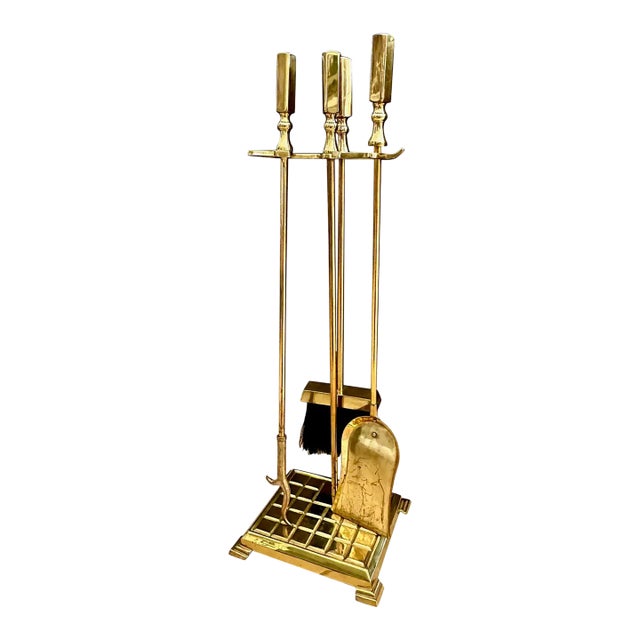 Set Modernist Brass Fireplace Tool Set For Sale