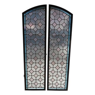 Vintage Reclaimed Arched Leaded Geometric Diamond Stained Glass Windows Pair For Sale