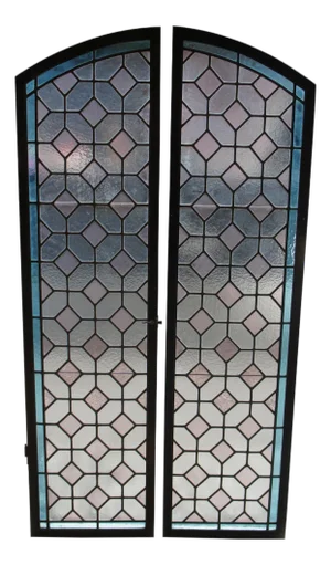 Vintage Reclaimed Arched Leaded Geometric Diamond Stained Glass Windows Pair
