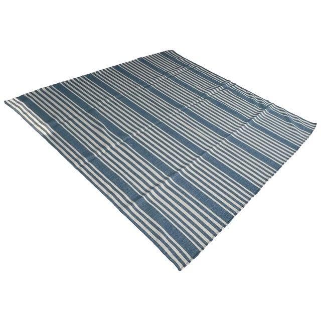 Handmade Thick Woolen Flat Weave Rug, Sky Blue and White Striped Wool Rug - 8'x8' For Sale - Image 12 of 14