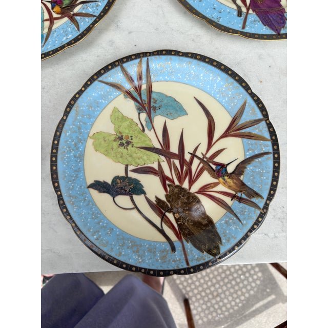 French Rare 19th Century Set of 5 Porcelain Leaves & Birds Plates For Sale - Image 3 of 7