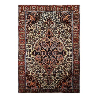 19th Century Persian Farahan Rug, Hand-Knotted Wool, Floral Pattern, Tan & Navy, 4x5 For Sale