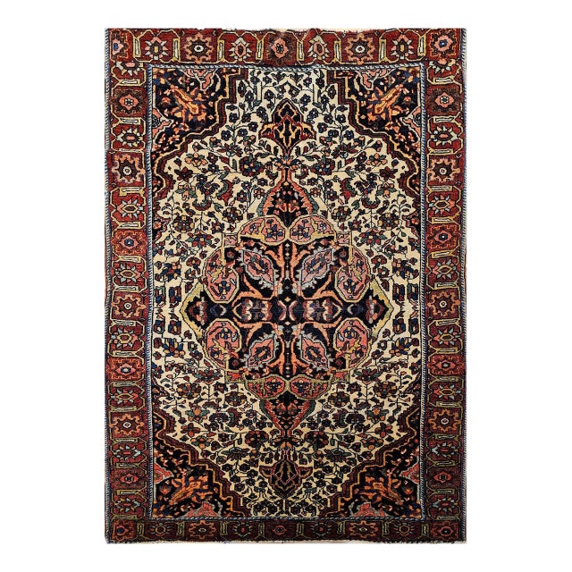 19th Century Persian Farahan Rug, Hand-Knotted Wool, Floral Pattern, Tan & Navy, 4x5 For Sale