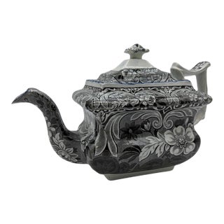 Antique Salopian-Type Black Transferware Teapot, Staffordshire, Circa 1820s For Sale