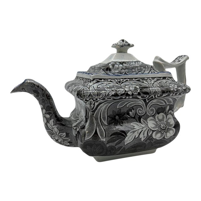 Antique Salopian-Type Black Transferware Teapot, Staffordshire, Circa 1820s For Sale