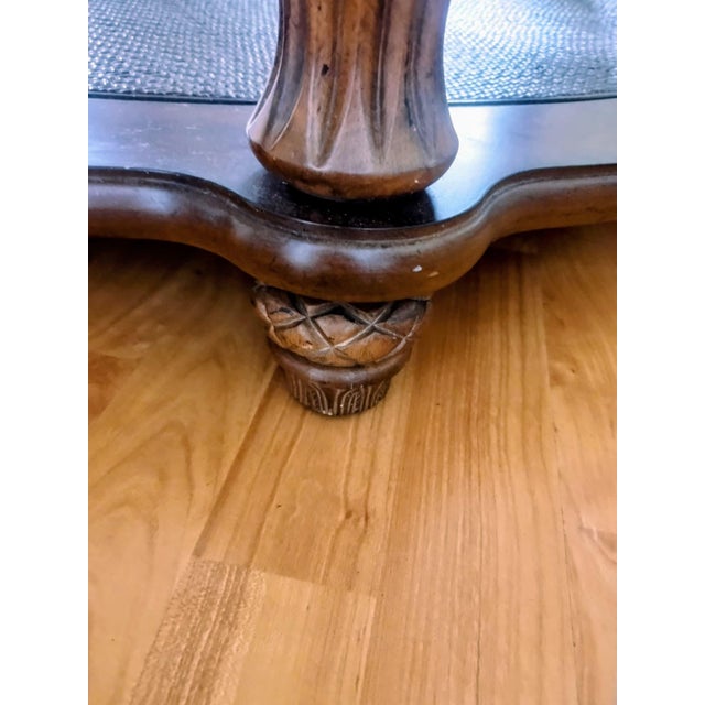 Wood Antique Wooden Coffee Table Featuring a Glass Top, Bronze Ornamentation, and Two Tiers. For Sale - Image 7 of 7