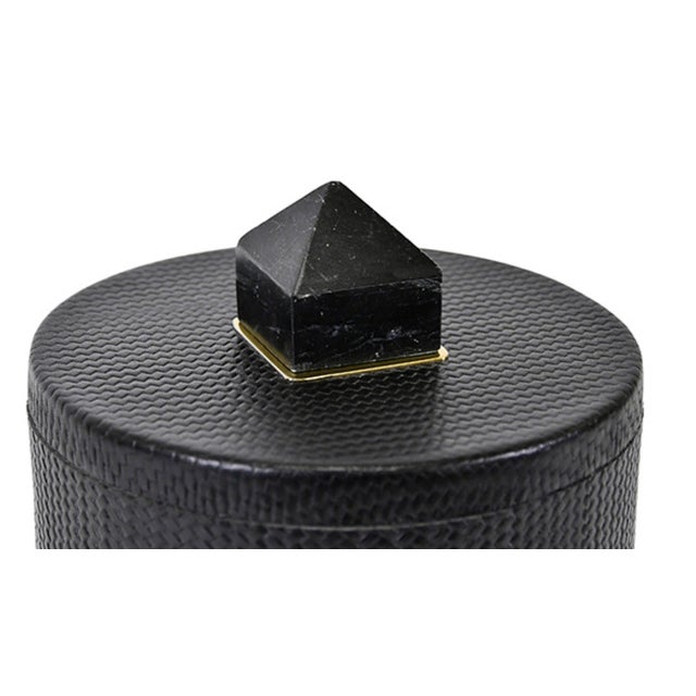 Contemporary Matthew Izzo Home Black Faux Leather Round Container With Marble Handled Lid For Sale - Image 3 of 4