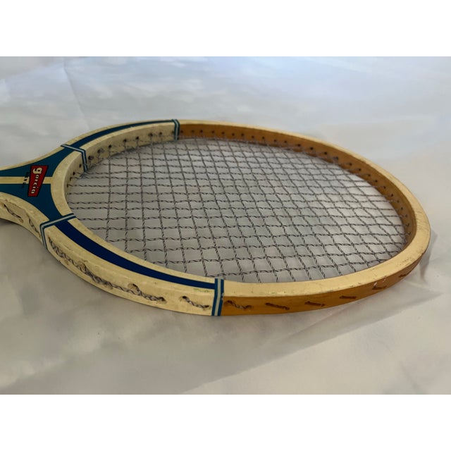 Wood Vintage C1970s Garcia Xl-200 White and Blue Wooden Tennis Racket For Sale - Image 7 of 12