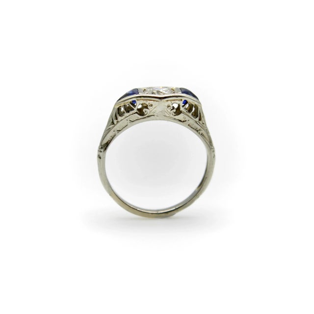 White Art Deco 14k White Gold Diamond and Sapphire Ring, Size 4.5 For Sale - Image 8 of 10