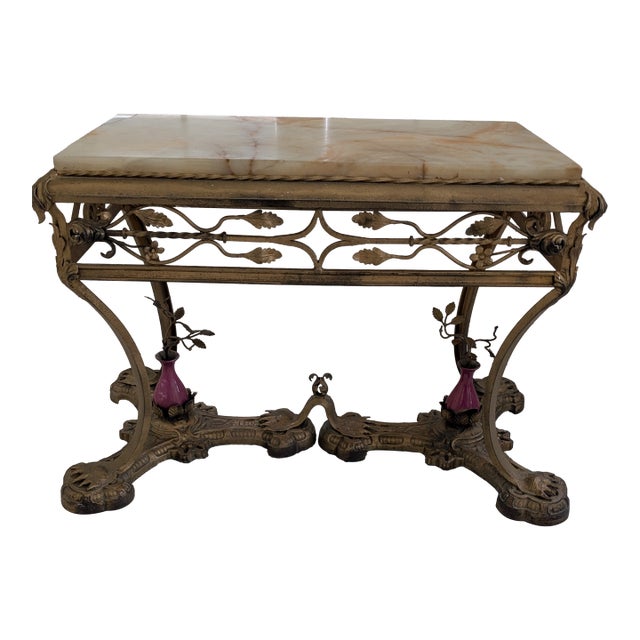 Antique Italian Cast Iron Base Coffee Table With Creamy Ivory Marble Top For Sale