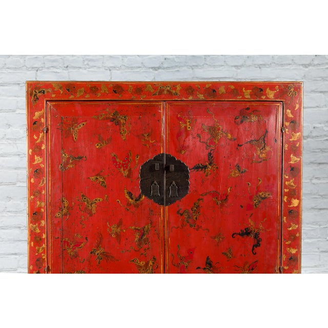 19th Century Chinese Qing Dynasty Red Lacquer Butterfly Décor Cabinet For Sale - Image 12 of 13