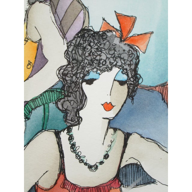 Late 20th Century Itzchak Tarkay Watercolor "Cooling Off" Signed and Framed For Sale - Image 5 of 9