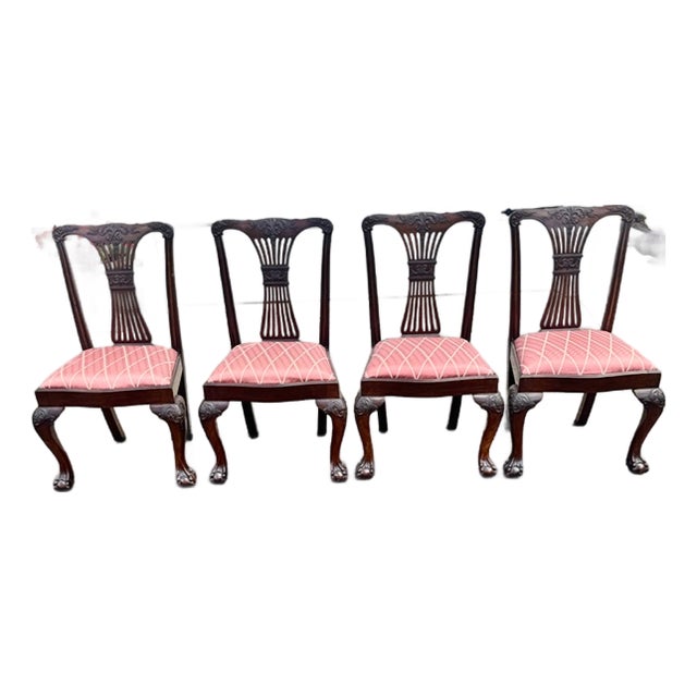 Vintage Mahogany Set of 4 English Chippendale Style Dining Chairs Ball and Claw Feet For Sale