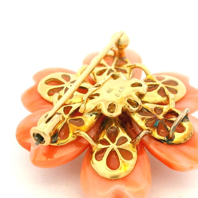 Italian Carved Coral & Diamond 18k Gold Flower Brooch Pendant, Circa 1970 For Sale - Image 11 of 13