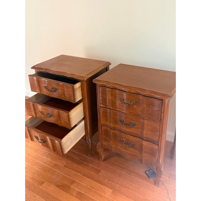 Wood 1960s French Provincial Bedroom Suite - 2 Bedside Tables, Chest on Chest and Dresser With Mirror, 4 Pieces For Sale - Image 7 of 10