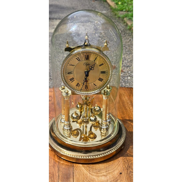 1950s Vintage Elgin Anniversary Mantel Clock With Glass Dome, Brass Finish & Rotating Pendulum For Sale - Image 5 of 17